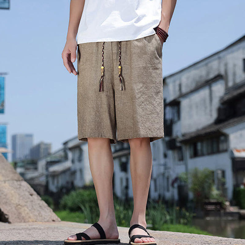 Weaving Waist Rope Beads Cropped Linen Men's Shorts With Pockets