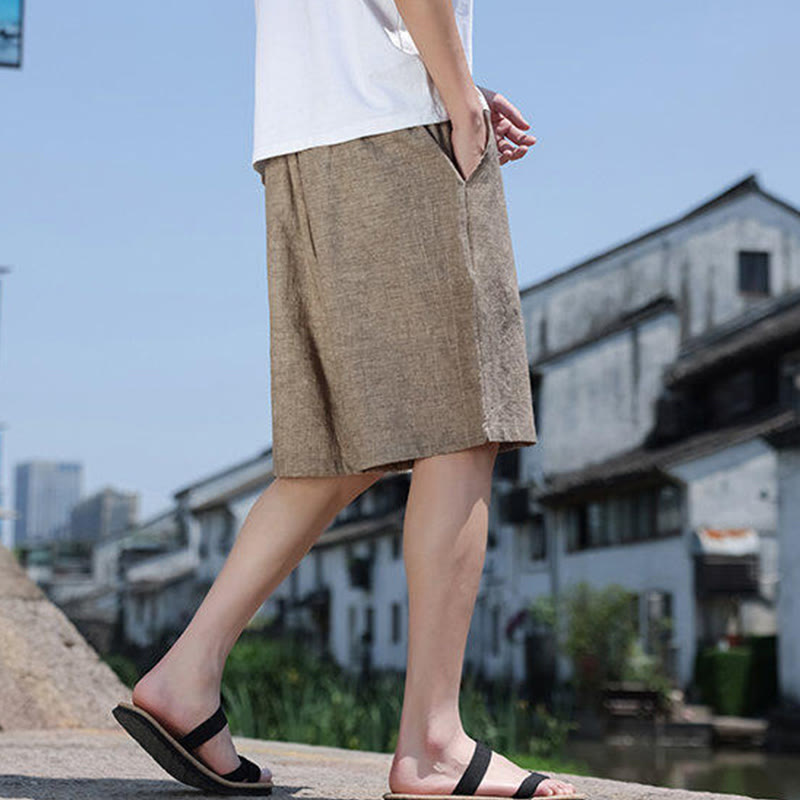 Weaving Waist Rope Beads Cropped Linen Men's Shorts With Pockets