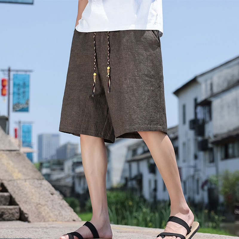 Weaving Waist Rope Beads Cropped Linen Men's Shorts With Pockets