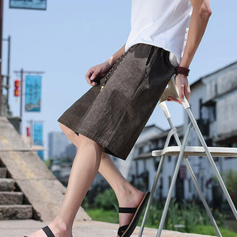Weaving Waist Rope Beads Cropped Linen Men's Shorts With Pockets