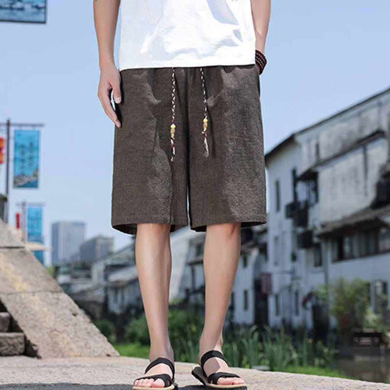 Weaving Waist Rope Beads Cropped Linen Men's Shorts With Pockets