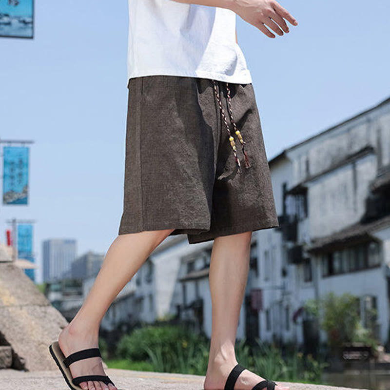 Weaving Waist Rope Beads Cropped Linen Men's Shorts With Pockets