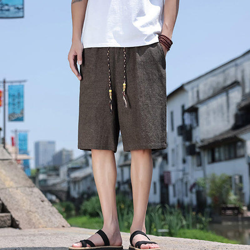 Weaving Waist Rope Beads Cropped Linen Men's Shorts With Pockets