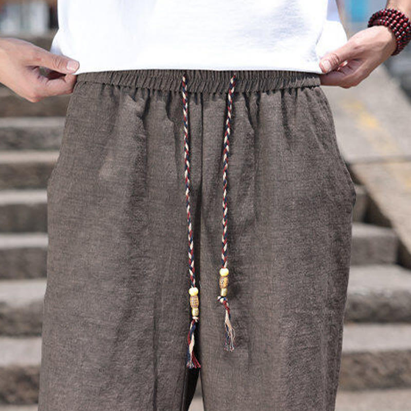 Weaving Waist Rope Beads Cropped Linen Men's Shorts With Pockets