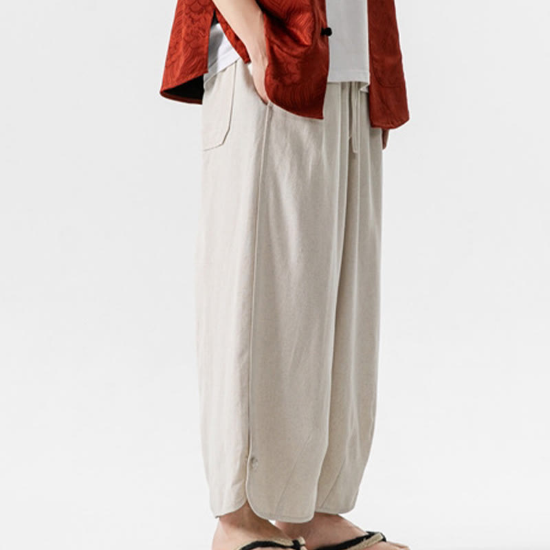 Breathable Cotton Linen Wide-Leg 7-8 Length Meditation Trousers