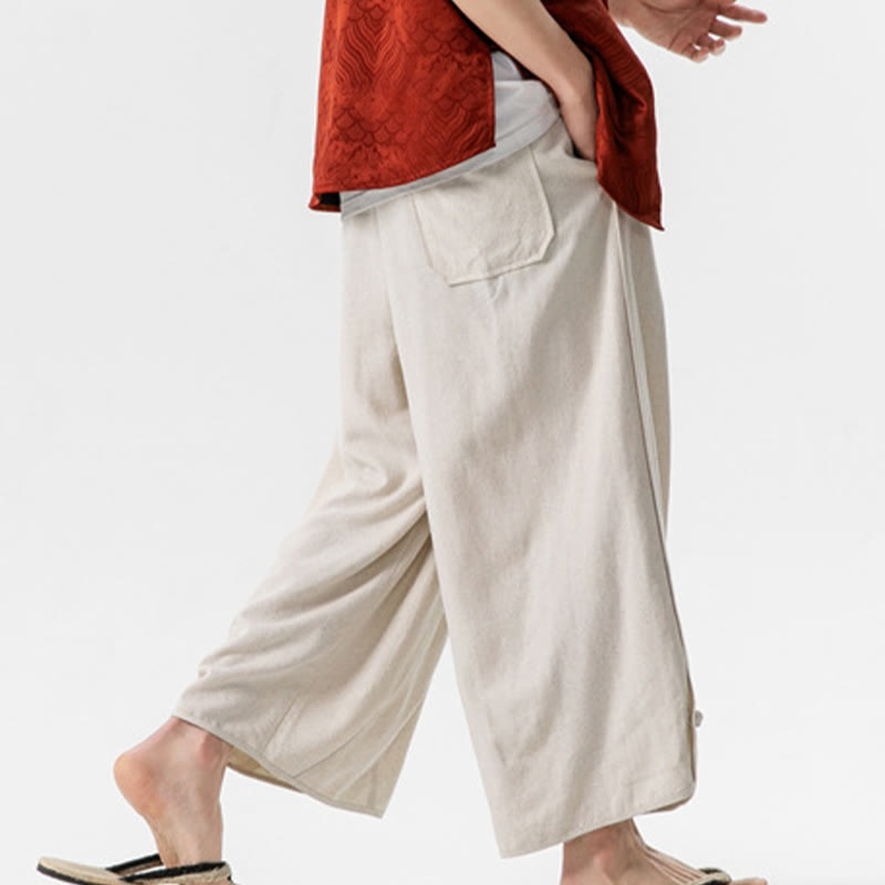 Breathable Cotton Linen Wide-Leg 7-8 Length Meditation Trousers