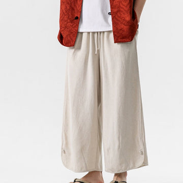 Breathable Cotton Linen Wide-Leg 7-8 Length Meditation Trousers