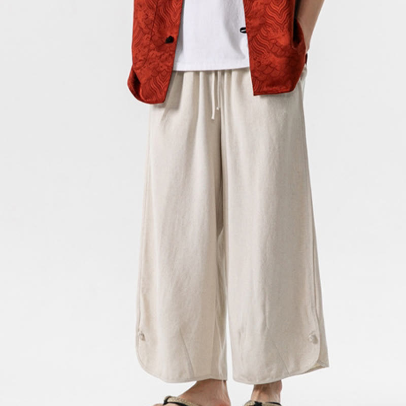 Breathable Cotton Linen Wide-Leg 7-8 Length Meditation Trousers