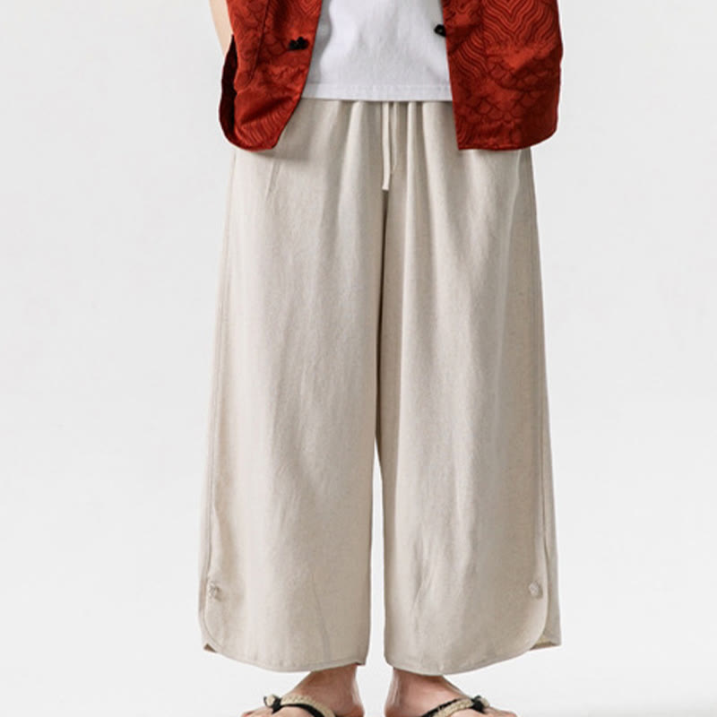 Breathable Cotton Linen Wide-Leg 7-8 Length Meditation Trousers