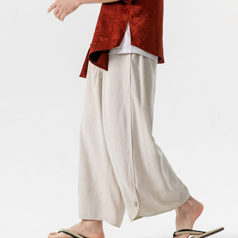 Breathable Cotton Linen Wide-Leg 7-8 Length Meditation Trousers