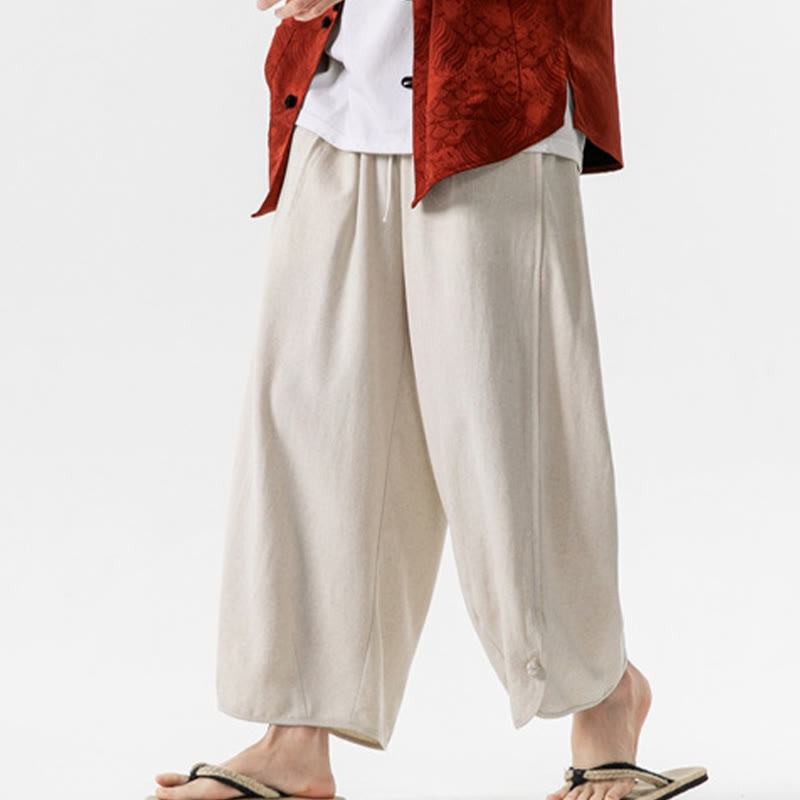 Breathable Cotton Linen Wide-Leg 7-8 Length Meditation Trousers