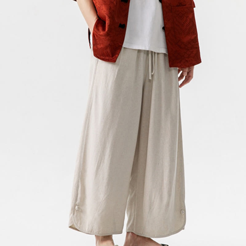 Breathable Cotton Linen Wide-Leg 7-8 Length Meditation Trousers