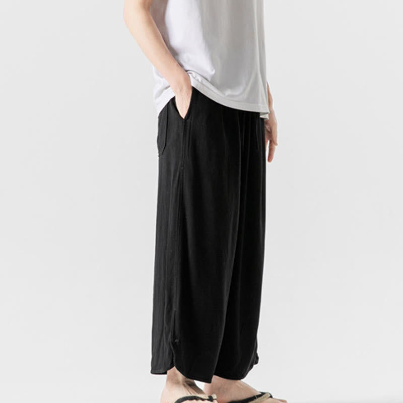 Breathable Cotton Linen Wide-Leg 7-8 Length Meditation Trousers