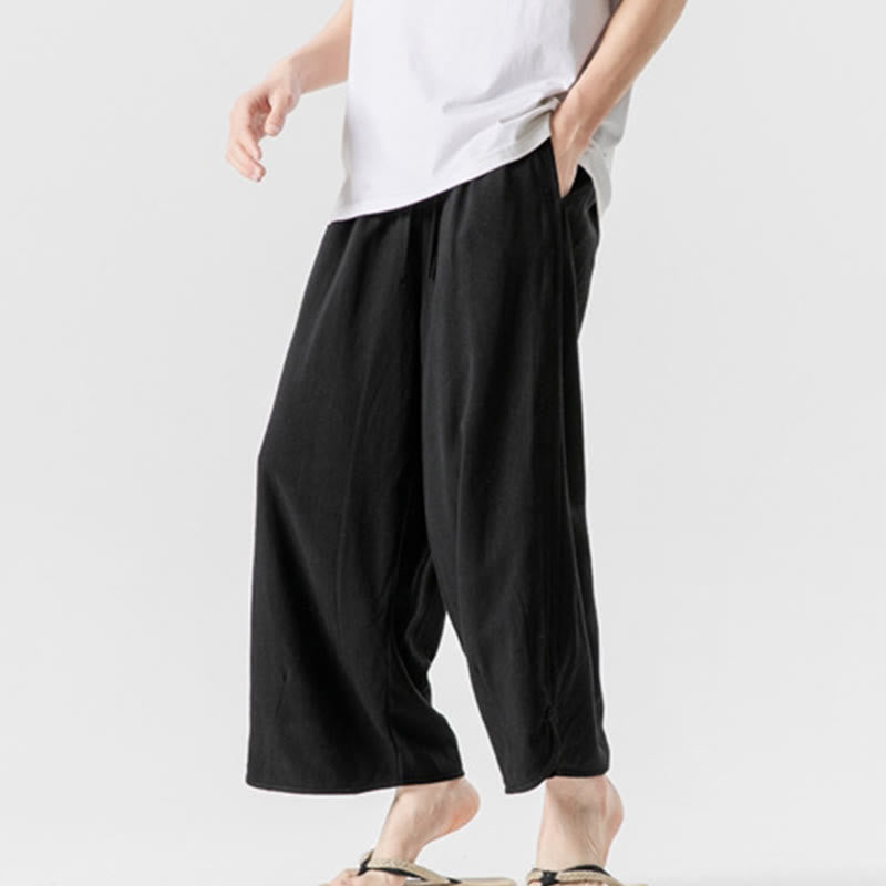 Breathable Cotton Linen Wide-Leg 7-8 Length Meditation Trousers
