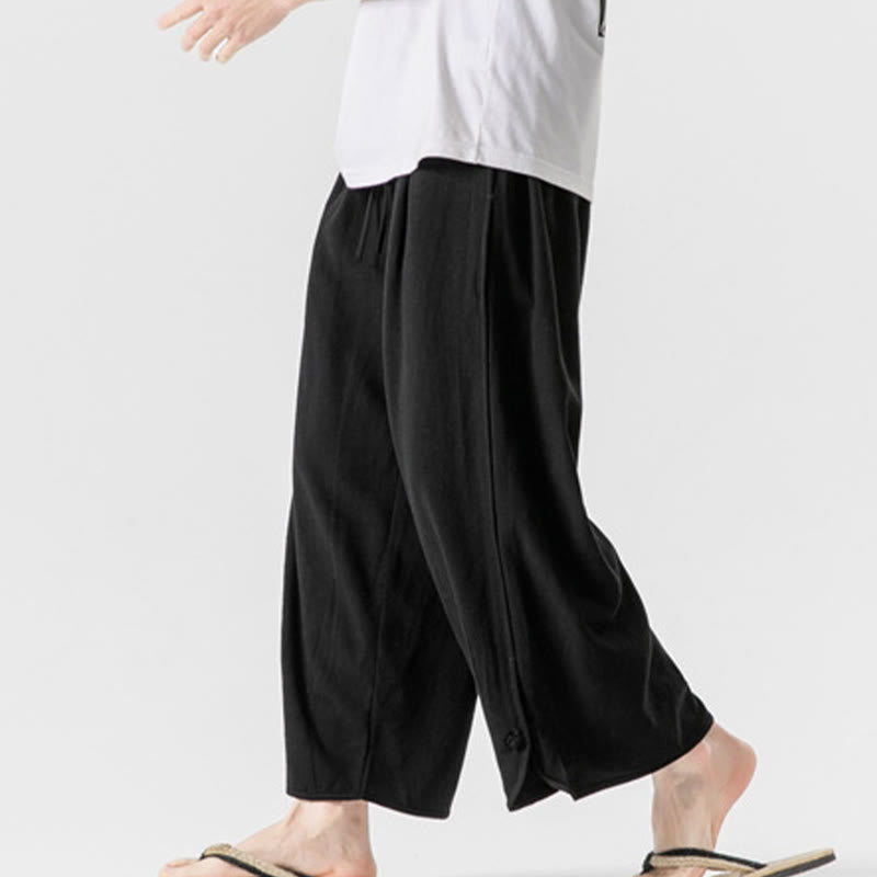 Breathable Cotton Linen Wide-Leg 7-8 Length Meditation Trousers