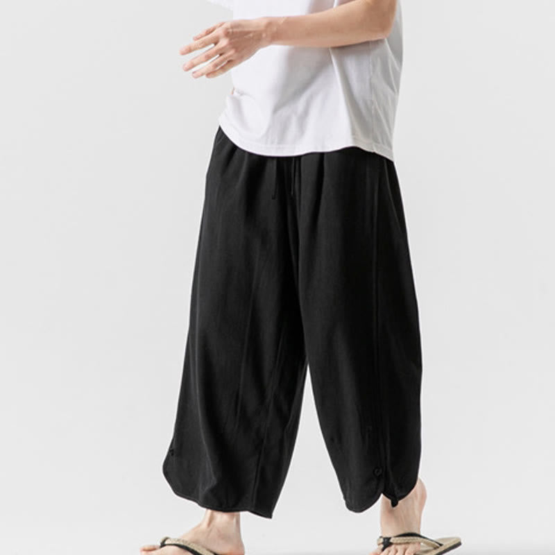 Breathable Cotton Linen Wide-Leg 7-8 Length Meditation Trousers