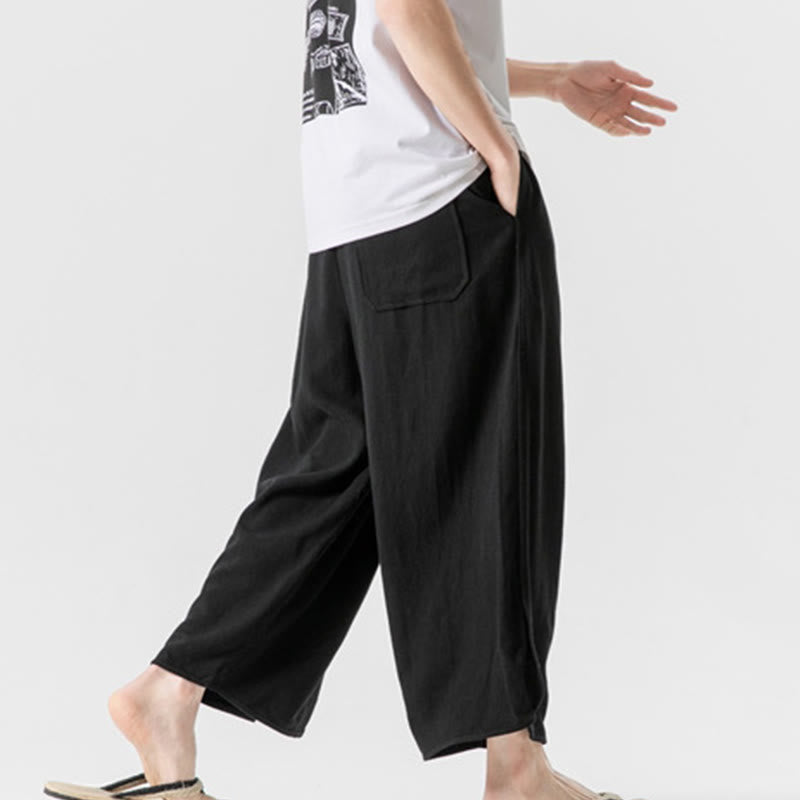 Breathable Cotton Linen Wide-Leg 7-8 Length Meditation Trousers