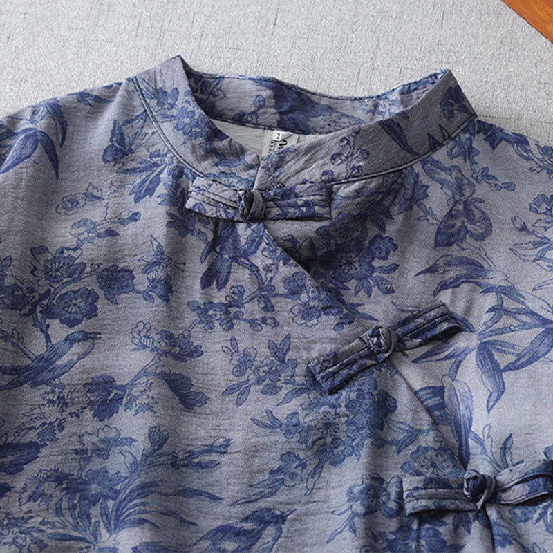 Flower Leaf Print Frog-Button Half Sleeve Mandarin Collar Cotton Midi Dress