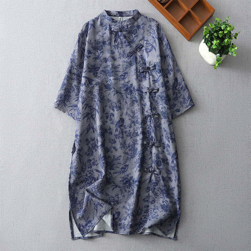 Flower Leaf Print Frog-Button Half Sleeve Mandarin Collar Cotton Midi Dress