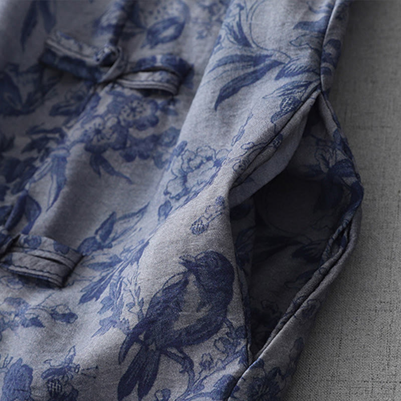Flower Leaf Print Frog-Button Half Sleeve Mandarin Collar Cotton Midi Dress