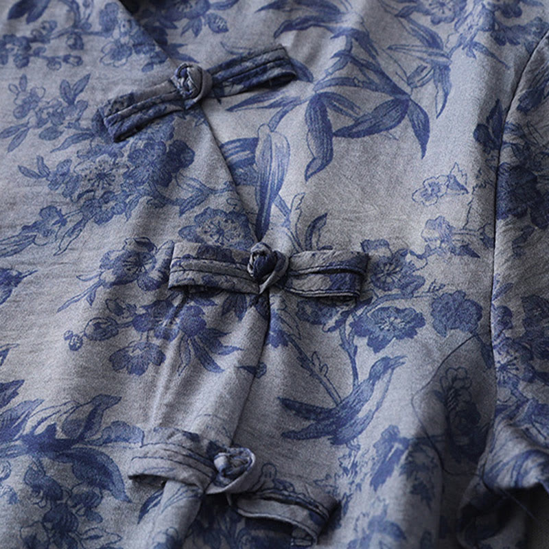Flower Leaf Print Frog-Button Half Sleeve Mandarin Collar Cotton Midi Dress
