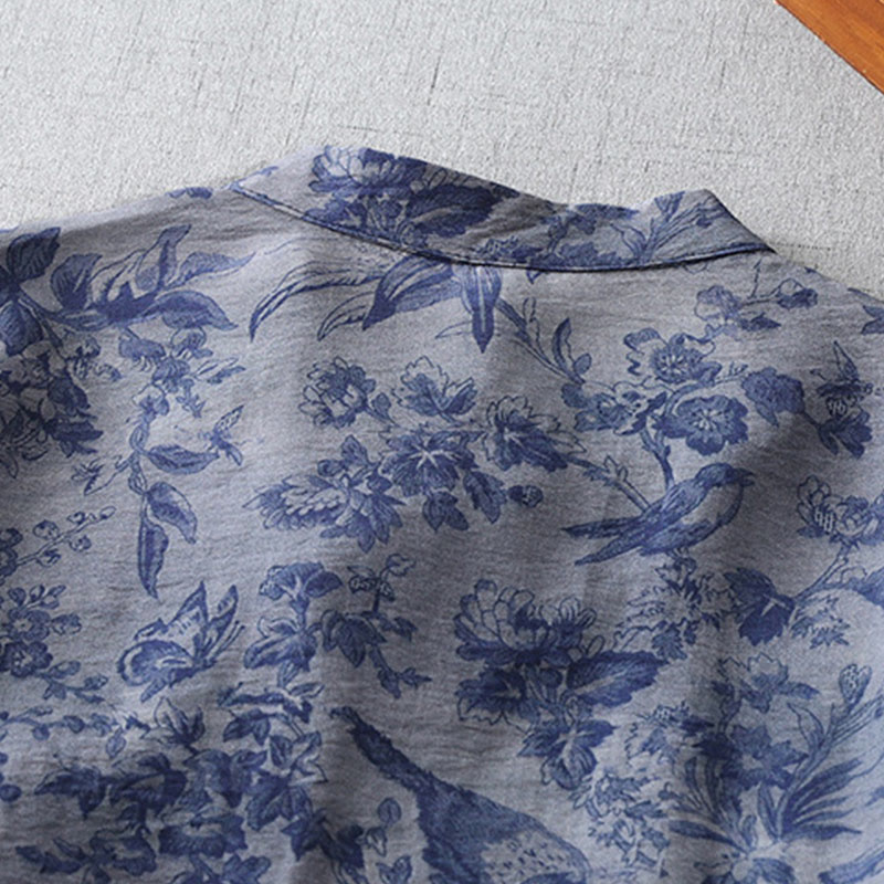 Flower Leaf Print Frog-Button Half Sleeve Mandarin Collar Cotton Midi Dress
