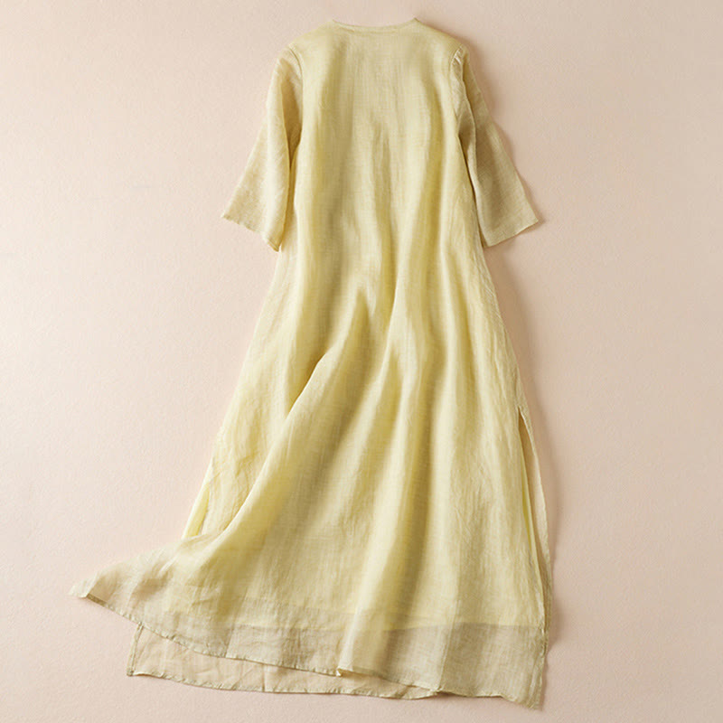 Embroidered Leaf Crew Neck Half Sleeve Cotton Fiber Midi Dress
