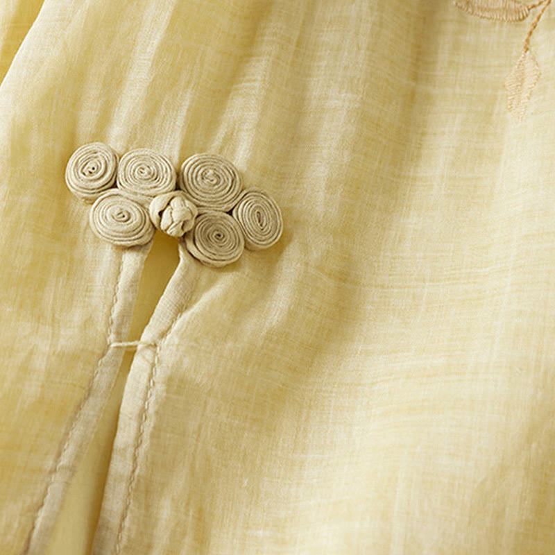 Embroidered Leaf Crew Neck Half Sleeve Cotton Fiber Midi Dress