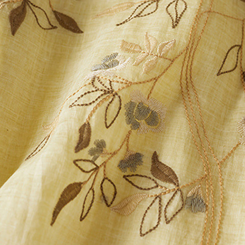 Embroidered Leaf Crew Neck Half Sleeve Cotton Fiber Midi Dress