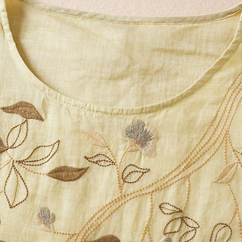 Embroidered Leaf Crew Neck Half Sleeve Cotton Fiber Midi Dress