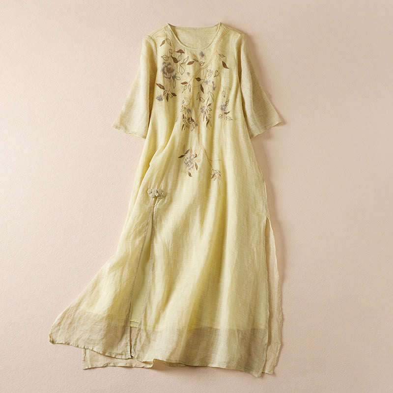 Embroidered Leaf Crew Neck Half Sleeve Cotton Fiber Midi Dress