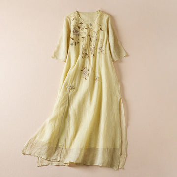 Embroidered Leaf Crew Neck Half Sleeve Cotton Fiber Midi Dress