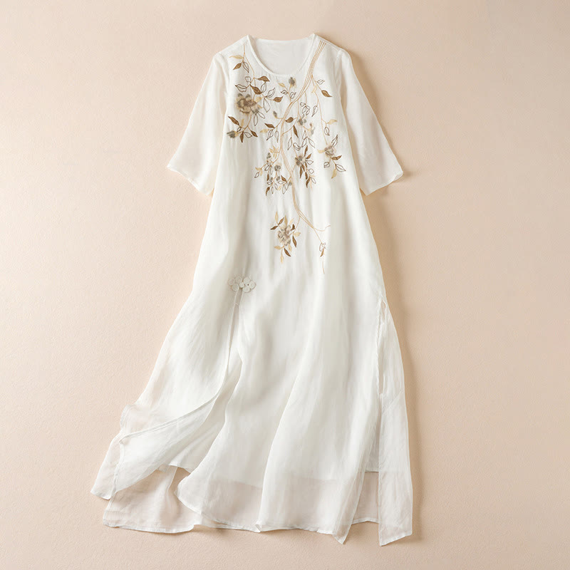 Embroidered Leaf Crew Neck Half Sleeve Cotton Fiber Midi Dress