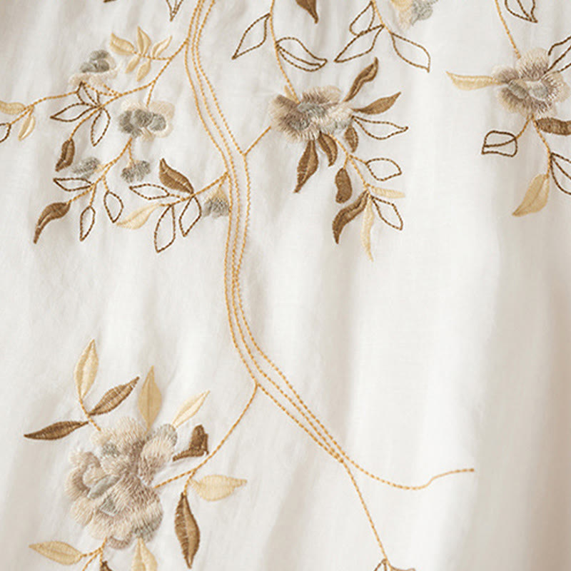 Embroidered Leaf Crew Neck Half Sleeve Cotton Fiber Midi Dress