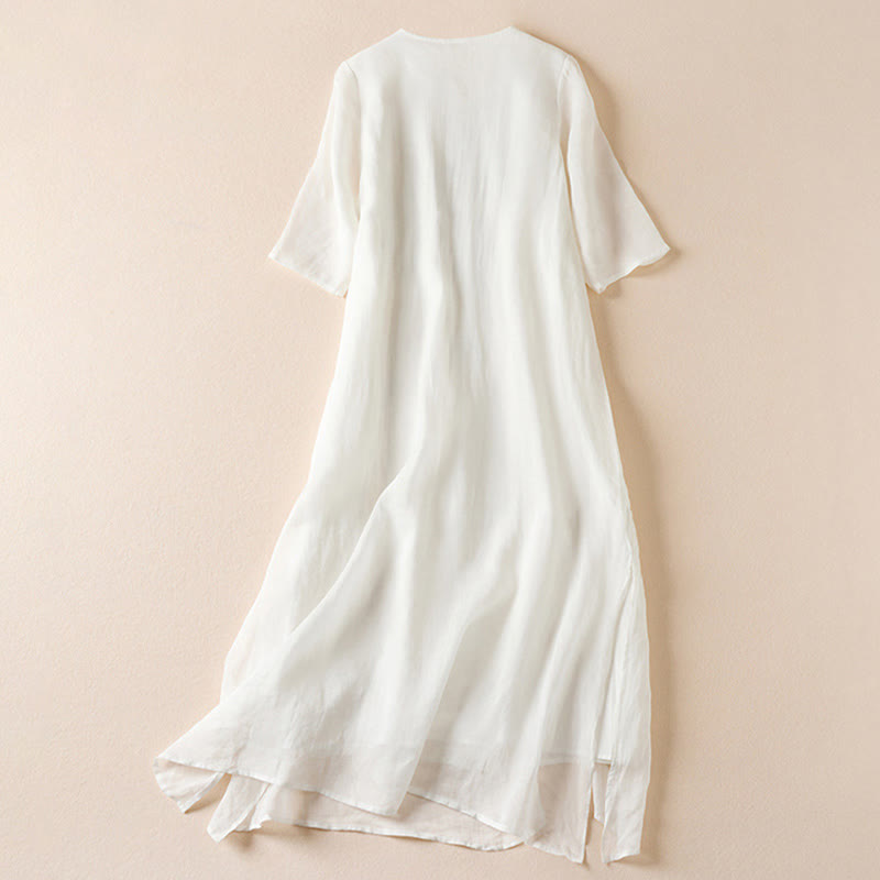 Embroidered Leaf Crew Neck Half Sleeve Cotton Fiber Midi Dress