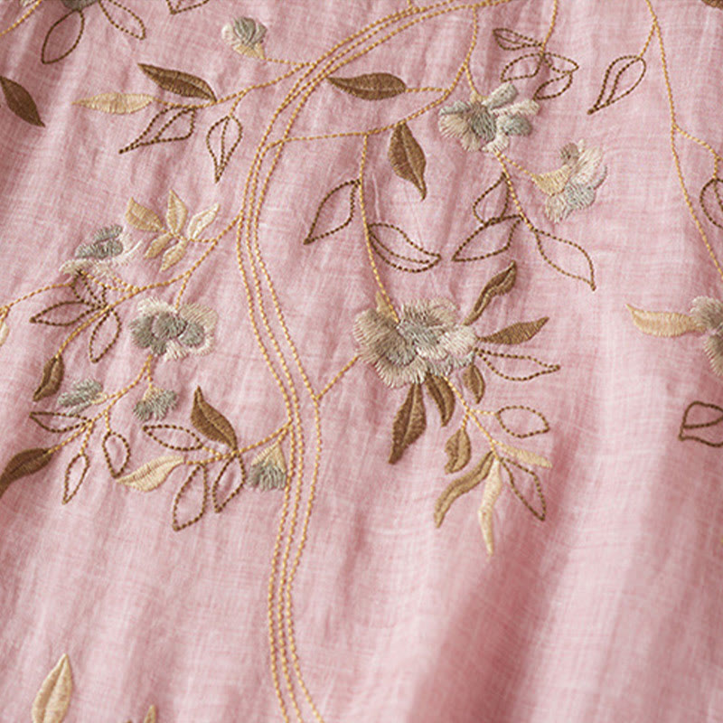 Embroidered Leaf Crew Neck Half Sleeve Cotton Fiber Midi Dress