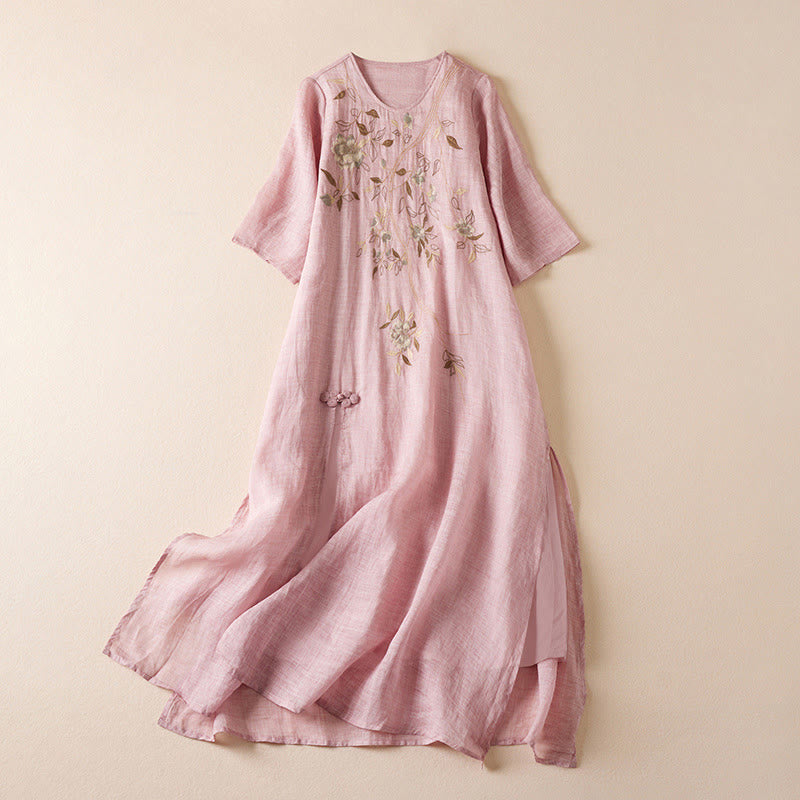 Embroidered Leaf Crew Neck Half Sleeve Cotton Fiber Midi Dress