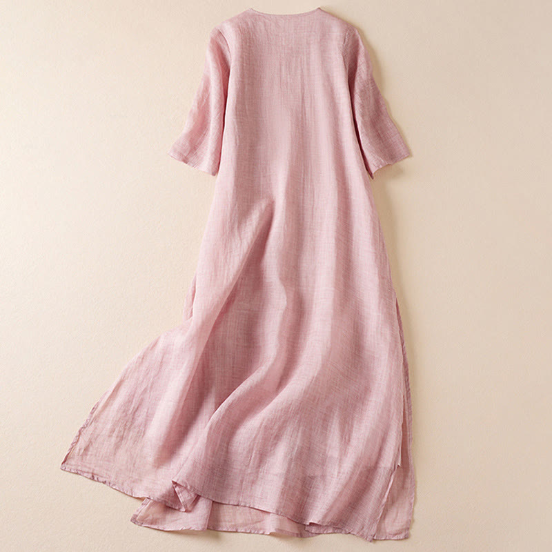 Embroidered Leaf Crew Neck Half Sleeve Cotton Fiber Midi Dress