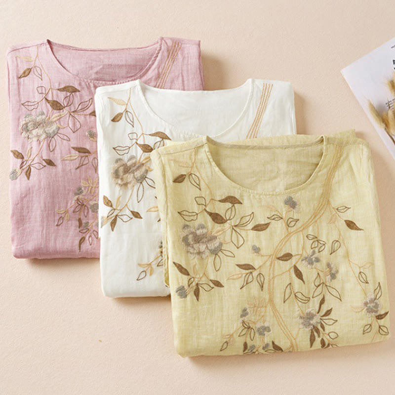 Embroidered Leaf Crew Neck Half Sleeve Cotton Fiber Midi Dress