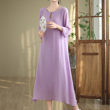 Breathable Cotton Minimalist Frog-Button Mindful Midi Dress