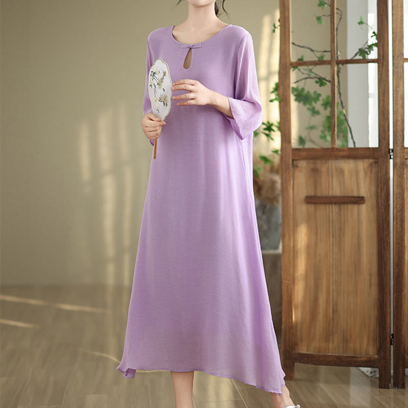 Breathable Cotton Minimalist Frog-Button Mindful Midi Dress