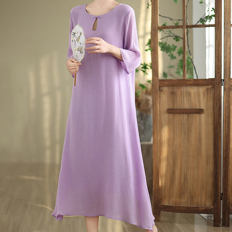 Breathable Cotton Minimalist Frog-Button Mindful Midi Dress