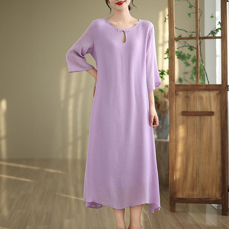 Breathable Cotton Minimalist Frog-Button Mindful Midi Dress