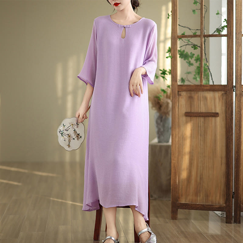 Breathable Cotton Minimalist Frog-Button Mindful Midi Dress