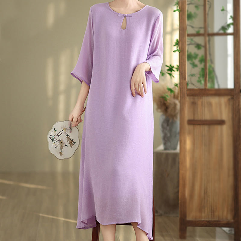 Breathable Cotton Minimalist Frog-Button Mindful Midi Dress