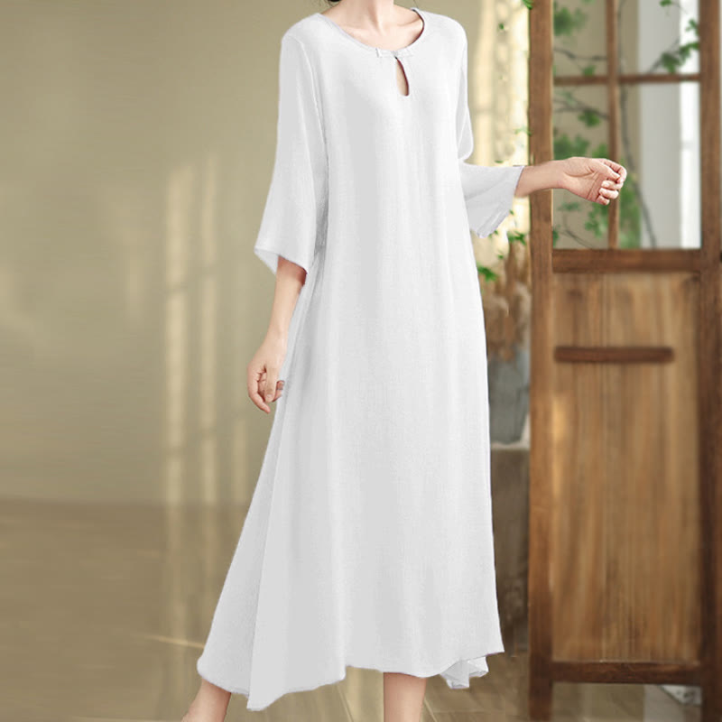 Breathable Cotton Minimalist Frog-Button Mindful Midi Dress