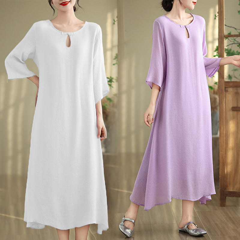 Breathable Cotton Minimalist Frog-Button Mindful Midi Dress