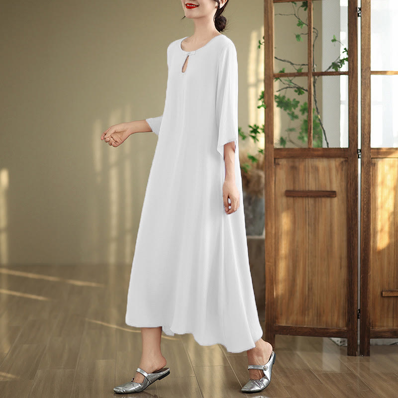 Breathable Cotton Minimalist Frog-Button Mindful Midi Dress