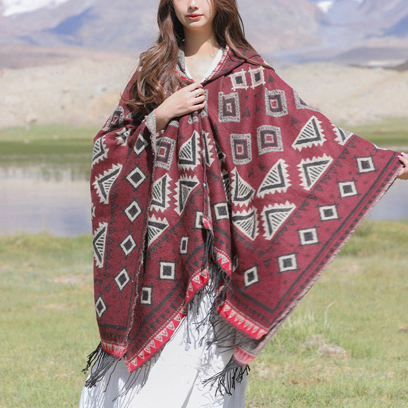 Tibetan Shawl Triangle Pattern Hooded Cloak Winter Cozy Travel Scarf Wrap