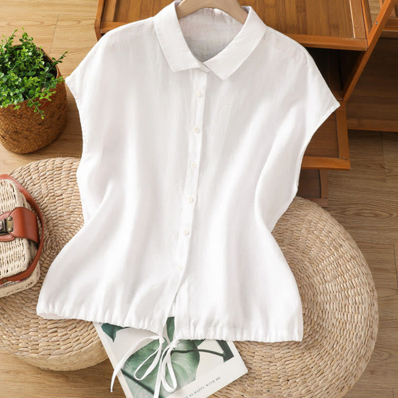 Summer Plain Color Button Short Sleeve Women's Cotton Shirt